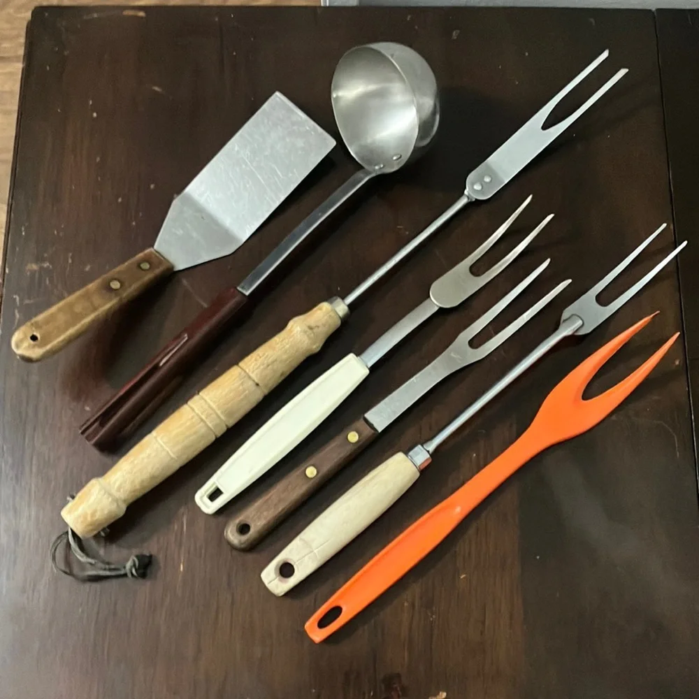 Lot of 7 Vintage Kitchen Utensils Meat Forks Bakelite Ladle Ecko Foley
